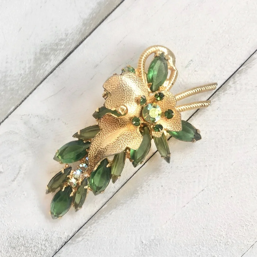 Set of three Vintage Metal and Rhinestone Costume Jewelry Floral Brooches